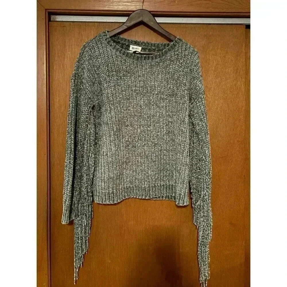 Fringe Sweater Womens Soft Knit Gray Long Sleeve Gray‎ Size Small